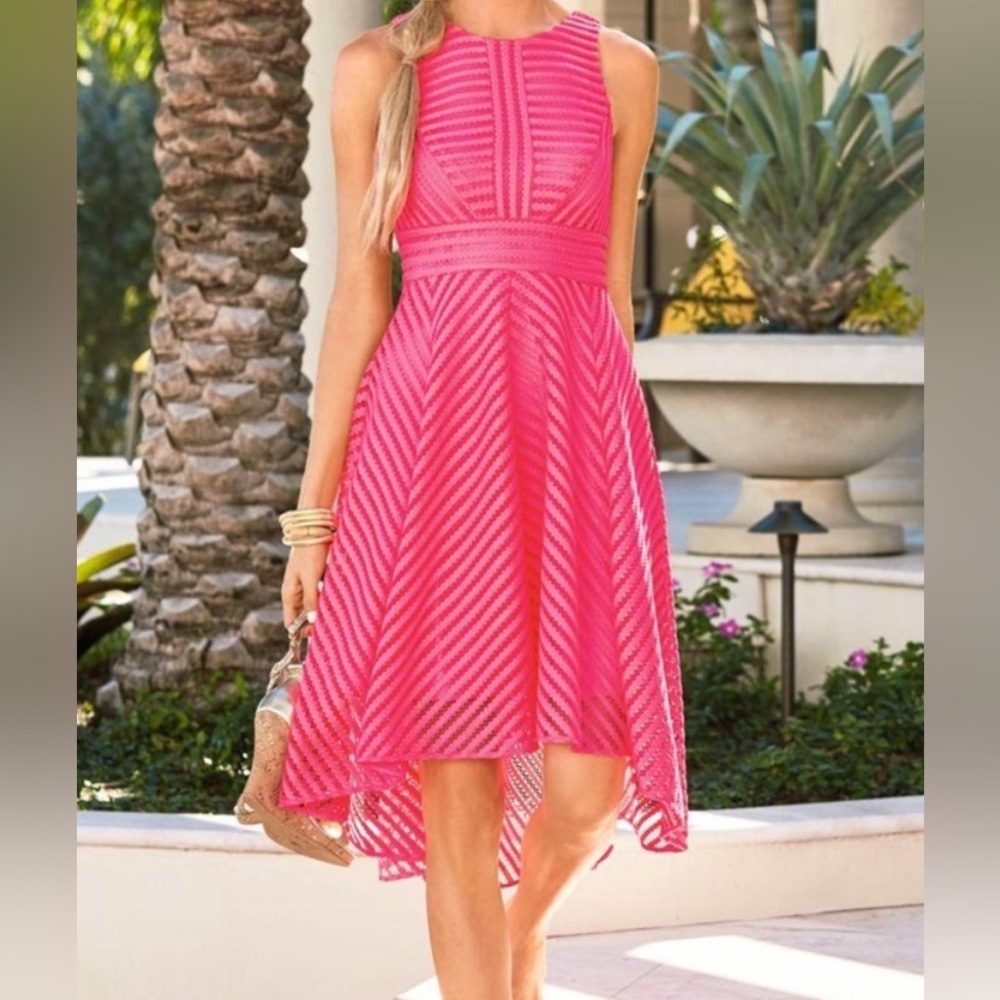 Lilly Pulitzer Tilly Midi Dress crochet knit stripe flare tiki Barbie pink XS